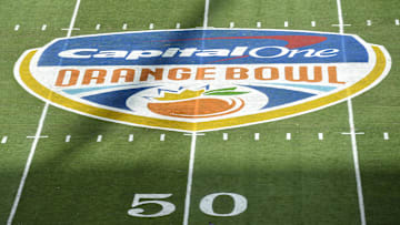 The Capital One Orange Bowl logo at mid field 