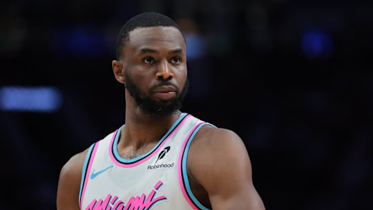 Mar 8, 2025; Miami, Florida, USA; Miami Heat forward Andrew Wiggins (22) looks on against the Chicago Bulls during the fourth quarter at Kaseya Center. Mandatory Credit: Sam Navarro-Imagn Images