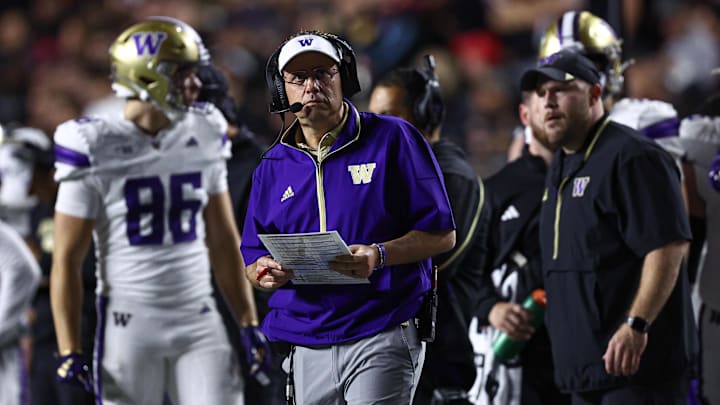 Sep 27, 2024; Piscataway, New Jersey, USA; Washington Huskies head coach Jedd Fisch looks on during the first half against the Rutgers Scarlet Knights at SHI Stadium. Mandatory Credit: Vincent Carchietta-Imagn Images