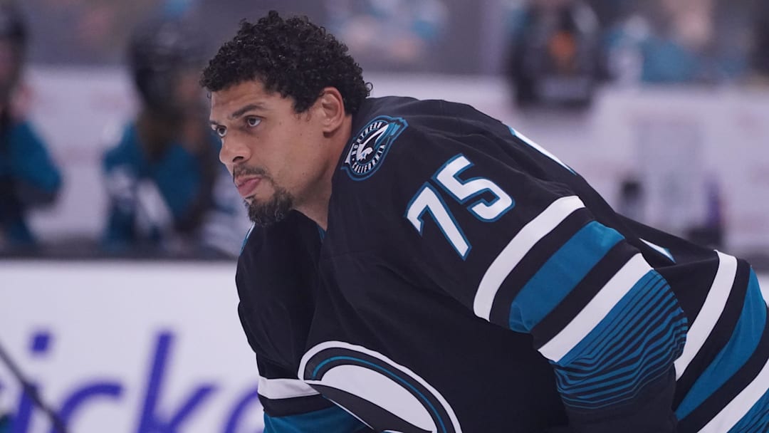 Oct 28, 2025; San Jose, California, USA; San Jose Sharks right wing Ryan Reaves (75) warms up before the game against the Los Angeles Kings at SAP Center at San Jose. Mandatory Credit: David Gonzales-Imagn Images
