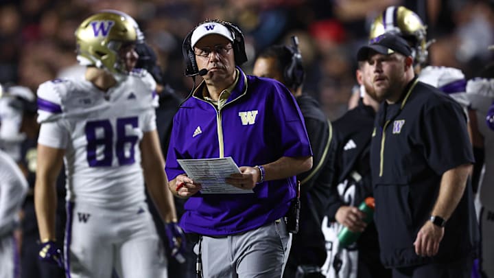 Sep 27, 2024; Piscataway, New Jersey, USA; Washington Huskies head coach Jedd Fisch looks on during the first half against the Rutgers Scarlet Knights at SHI Stadium. Mandatory Credit: Vincent Carchietta-Imagn Images