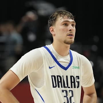 Jul 10, 2025; Las Vegas, NV, USA; Dallas Mavericks forward Cooper Flagg (32) looks on against the Los Angeles Lakers in the third quarter of their game at Thomas & Mack Center. Mandatory Credit: Candice Ward-Imagn Images