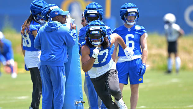 Los Angeles Rams wide receiver Puka Nacua (17) runs a drill during OTAs at the team training facility.