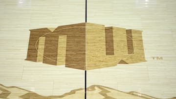 Mar 5, 2020; Las Vegas, Nevada, USA; A detailed view of the midcourt logo during the first half of a Mountain West Conference tournament game between the UNLV Rebels and Boise State Broncos at Thomas Mack Center. Mandatory Credit: Orlando Ramirez-Imagn Images