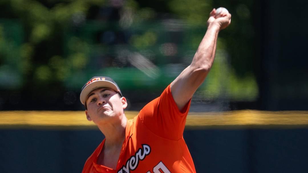 Oregon State’s Trey Morris pitches against Washington State during the first inning of day three at the NCAA Eugene Regional Tournament at PK Park n Eugene May 31, 2026. Oregon State’s Trey Morris pitches against Washington State during the first inning of day three at the NCAA Eugene Regional Tournament at PK Park n Eugene May 31, 2026.