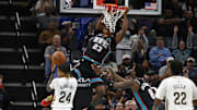 Oct 22, 2025; Memphis, Tennessee, USA; Memphis Grizzlies forward Cedric Coward (23) dunks during the fourth quarter against the New Orleans Pelicans at FedExForum. Mandatory Credit: Petre Thomas-Imagn Images