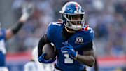 New York Giants wide receiver Malik Nabers (1) runs into the end zone for a touchdown in there second quarter during a game between New York Giants and Indianapolis Colts at MetLife Stadium on Sunday, Dec. 29, 2024.