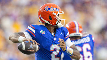 Sep 13, 2025; Baton Rouge, Louisiana, USA;  Florida Gators quarterback DJ Lagway (2) passes against the Florida Gators during the first half at Tiger Stadium. Mandatory Credit: Stephen Lew-Imagn Images