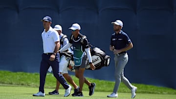 Aug 25, 2024; Castle Rock, Colorado, USA; Billy Horschel and Will Zalatoris  walk up the fairway on the 18th hole during the final round of the BMW Championship golf tournament at Castle Pines Golf Club. Mandatory Credit: Christopher Hanewinckel-Imagn Images
