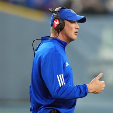 Dec 26, 2023; Phoenix, AZ, USA; Kansas Jayhawks head coach Lance Leipold looks on against the UNLV Rebels during the second half at Chase Field.