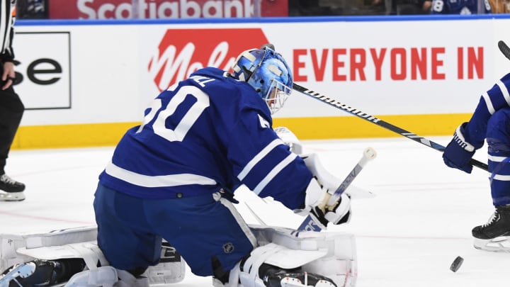 May 2, 2024; Toronto, Ontario, CAN; Toronto Maple Leafs goalie Joseph Woll (60) makes a save against the Boston Bruins in the second period in game six of the first round of the 2024 Stanley Cup Playoffs at Scotiabank Arena. Mandatory Credit: Dan Hamilton-USA TODAY Sports