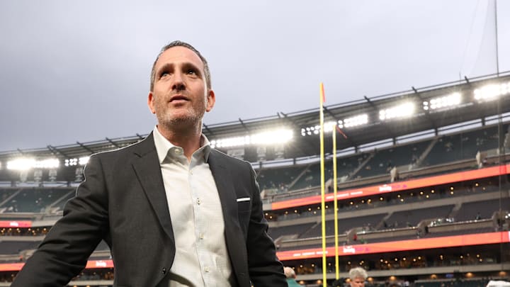 Sep 4, 2025; Philadelphia, Pennsylvania, USA; Philadelphia Eagles general manager Howie Roseman looks on before the game between the Philadelphia Eagles and the Dallas Cowboys at Lincoln Financial Field. Mandatory Credit: Bill Streicher-Imagn Images