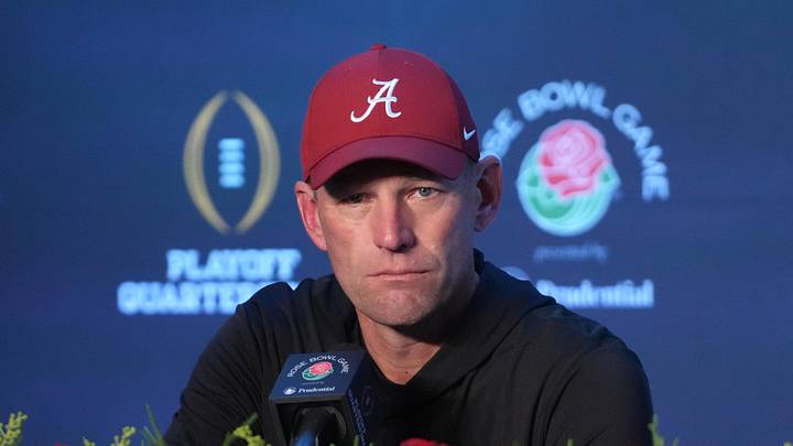 Jan 1, 2026; Pasadena, CA, USA; Alabama Crimson Tide head coach Kalen DeBoer speaks in a press conference after the 2026 Rose Bowl and quarterfinal game of the College Football Playoff at Rose Bowl Stadium. Mandatory Credit: Kirby Lee-Imagn Images