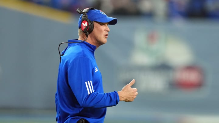 Dec 26, 2023; Phoenix, AZ, USA; Kansas Jayhawks head coach Lance Leipold looks on against the UNLV Rebels during the second half at Chase Field.