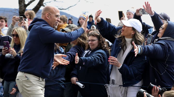 Penn State Nittany Lions head coach James Franklin high-fives the fans prior to the Blue White spring game at Beaver Stadium. 