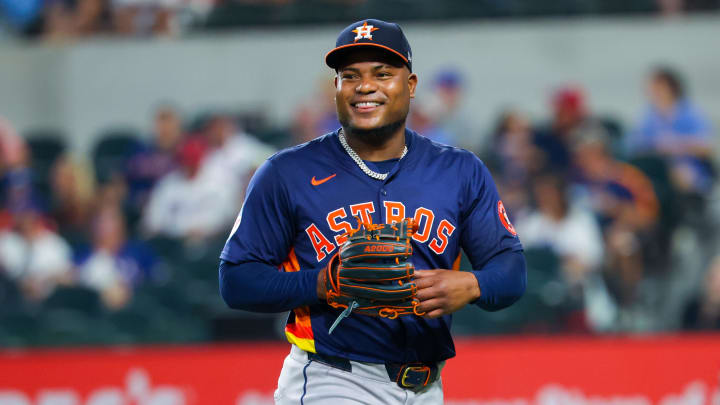 Aug 6, 2024; Arlington, Texas, USA;  Houston Astros starting pitcher Framber Valdez (59) laughs at the end of the third inning against the Texas Rangers at Globe Life Field.