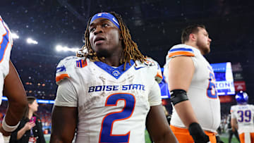Dec 31, 2024; Glendale, AZ, USA; Boise State Broncos running back Ashton Jeanty (2) reacts after the game against the Penn State Nittany Lions in the Fiesta Bowl at State Farm Stadium. Mandatory Credit: Mark J. Rebilas-Imagn Images