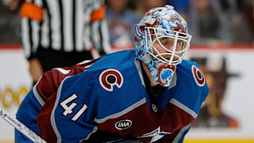 Nov 11, 2025; Denver, Colorado, USA; Colorado Avalanche goaltender Scott Wedgewood (41) in the third period against the Anaheim Ducks at Ball Arena. Mandatory Credit: Isaiah J. Downing-Imagn Images
