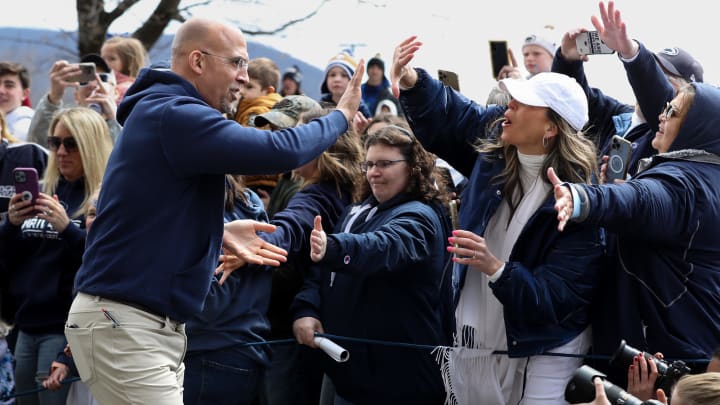 Penn State coach James Franklin greets fans prior to the Blue-White Game at Beaver Stadium.