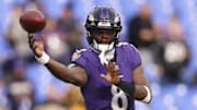 Dec 7, 2025; Baltimore, Maryland, USA; Baltimore Ravens quarterback Lamar Jackson (8) warms up before the game between the Pittsburgh Steelers and Baltimore Ravens at M&T Bank Stadium. Mandatory Credit: Peter Casey-Imagn Images