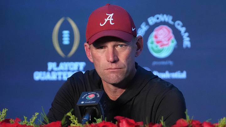 Jan 1, 2026; Pasadena, CA, USA; Alabama Crimson Tide head coach Kalen DeBoer speaks in a press conference after the 2026 Rose Bowl and quarterfinal game of the College Football Playoff at Rose Bowl Stadium. Mandatory Credit: Kirby Lee-Imagn Images