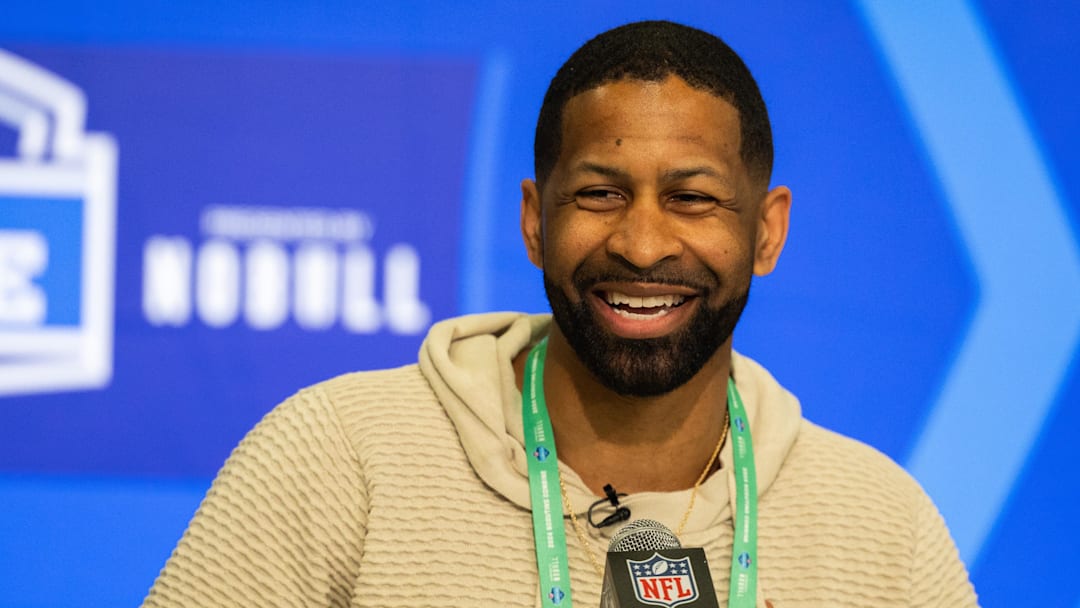 Feb 27, 2024; Indianapolis, IN, USA; Cleveland Browns  Executive Vice President of Football Operations and General Manager Andrew Berry talks to the media at the 2024 NFL Combine at Indiana Convention Center. Mandatory Credit: Trevor Ruszkowski-Imagn Images