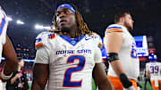 Dec 31, 2024; Glendale, AZ, USA; Boise State Broncos running back Ashton Jeanty (2) reacts after the game against the Penn State Nittany Lions in the Fiesta Bowl at State Farm Stadium.  
