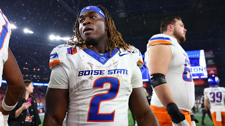 Dec 31, 2024; Glendale, AZ, USA; Boise State Broncos running back Ashton Jeanty (2) reacts after the game against the Penn State Nittany Lions in the Fiesta Bowl at State Farm Stadium.