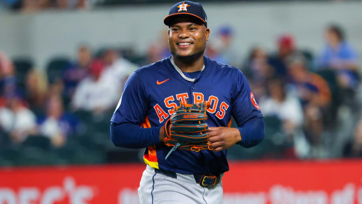 Aug 6, 2024; Arlington, Texas, USA;  Houston Astros starting pitcher Framber Valdez (59) laughs at the end of the third inning against the Texas Rangers at Globe Life Field. Mandatory Credit: Kevin Jairaj-USA TODAY Sports