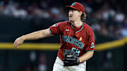 Sep 7, 2025; Phoenix, Arizona, USA; Arizona Diamondbacks pitcher Taylor Rashi against the Boston Red Sox at Chase Field. Mandatory Credit: Mark J. Rebilas-Imagn Images
