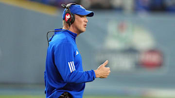 Dec 26, 2023; Phoenix, AZ, USA; Kansas Jayhawks head coach Lance Leipold looks on against the UNLV Rebels in the Guaranteed Rate Bowl