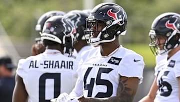 Jun 10, 2025; Houston, TX, USA; Houston Texans linebacker E.J. Speed (45) looks on during an NFL football minicamp at NRG Stadium. 