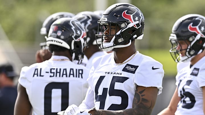 Jun 10, 2025; Houston, TX, USA; Houston Texans linebacker E.J. Speed (45) looks on during an NFL football minicamp at NRG Stadium. 