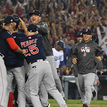 Oct 28, 2018; Los Angeles, CA, USA; Boston Red Sox players celebrate after defeating the Los Angeles Dodgers in game five of the 2018 World Series at Dodger Stadium. Mandatory Credit: Jayne Kamin-Oncea-Imagn Images