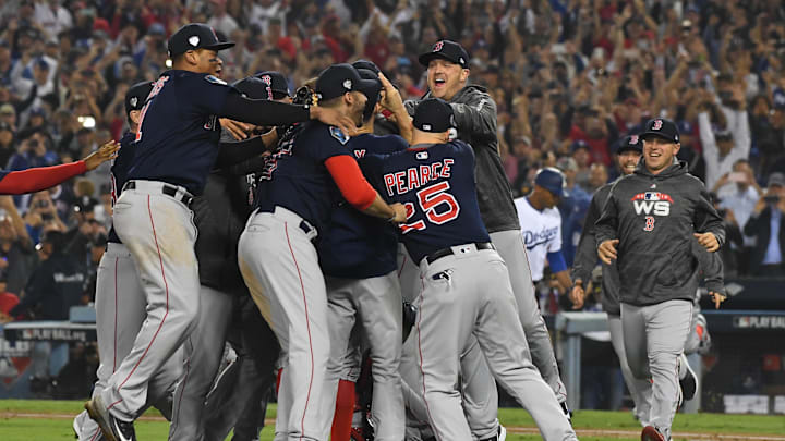 Oct 28, 2018; Los Angeles, CA, USA; Boston Red Sox players celebrate after defeating the Los Angeles Dodgers in game five of the 2018 World Series at Dodger Stadium. Mandatory Credit: Jayne Kamin-Oncea-Imagn Images