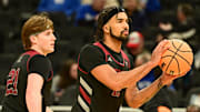 Troy Trojans guard Tayton Conerway (12) works out with guard Braydon Whitaker (21) during NCAA Tournament First Round Practiceat Fiserv Forum.