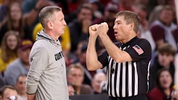 Arizona State head coach Bobby Hurley chats with official Tony Padilla during the Sun Devils' 80-65 loss to No. 5 Houston on Tuesday, Feb. 18, 2025.