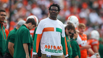 Nov 9, 2024; Atlanta, Georgia, USA; Former Miami Hurricanes wide receiver Michael Irvin on the sideline against the Georgia Tech Yellow Jackets in the first quarter at Bobby Dodd Stadium at Hyundai Field. Mandatory Credit: Brett Davis-Imagn Images