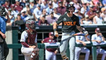 Jun 23, 2024; Omaha, NE, USA;  Tennessee Volunteers left fielder Dylan Dreiling (8) reacts after hitting a home run against the Texas A&M Aggies during the seventh inning at Charles Schwab Field Omaha. Mandatory Credit: Steven Branscombe-USA TODAY Sports