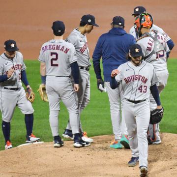 Houston Astros starting pitcher Lance McCullers Jr. (43) is removed from the game against the Philadelphia Phillies during the fifth inning in game three of the 2022 World Series at Citizens Bank Park. 
