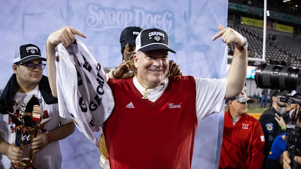 Miami (Ohio) RedHawks coach Chuck Martin celebrates after defeating the Colorado State Rams at the Snoop Dogg Arizona Bowl.