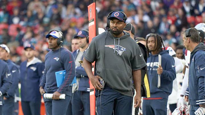 Oct 20, 2024; London, United Kingdom; New England Patriots coach Jerod Mayo in the game against the Jacksonville Jaguarsduring an NFL International Series game at Wembley Stadium. Mandatory Credit: Peter van den Berg-Imagn Images