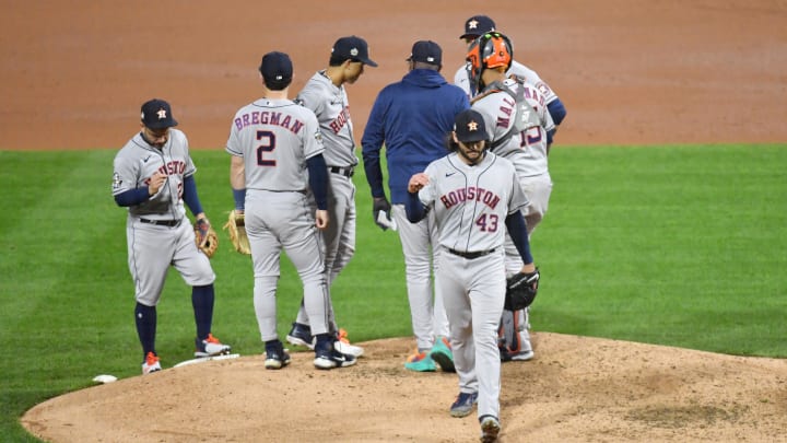 Houston Astros starting pitcher Lance McCullers Jr. (43) is removed from the game against the Philadelphia Phillies during the fifth inning in game three of the 2022 World Series at Citizens Bank Park. 