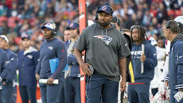 Oct 20, 2024; London, United Kingdom; New England Patriots coach Jerod Mayo in the game against the Jacksonville Jaguars during an NFL International Series game at Wembley Stadium. Mandatory Credit: Peter van den Berg-Imagn Images