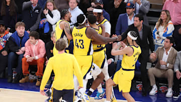 Indiana Pacers guard Tyrese Haliburton and his teammates celebrate against the New York Knicks during the 2025 NBA Playoffs