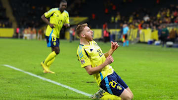 Dejan Kulusevski celebrates his goal against Azerbaijan on Tuesday night
