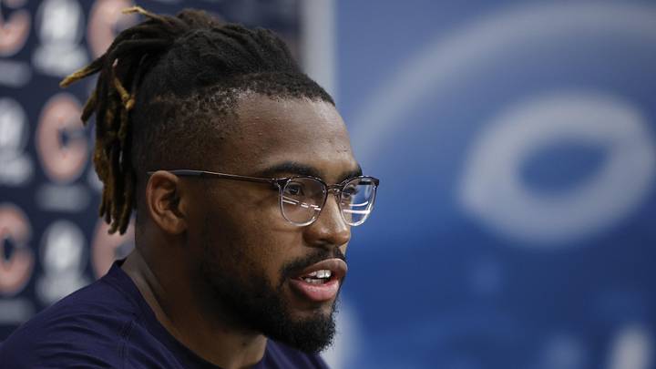 May 7, 2022; Lake Forest, IL, USA; Chicago Bears offensive tackle Braxton Jones speaks at a news conference during team's rookie minicamp at Halas Hall. Mandatory Credit: Kamil Krzaczynski-Imagn Images