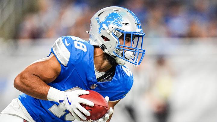 Detroit Lions kick returner Jacob Saylors (48) runs against Houston Texans during the first half at Ford Field in Detroit on Saturday, August 23, 2025.