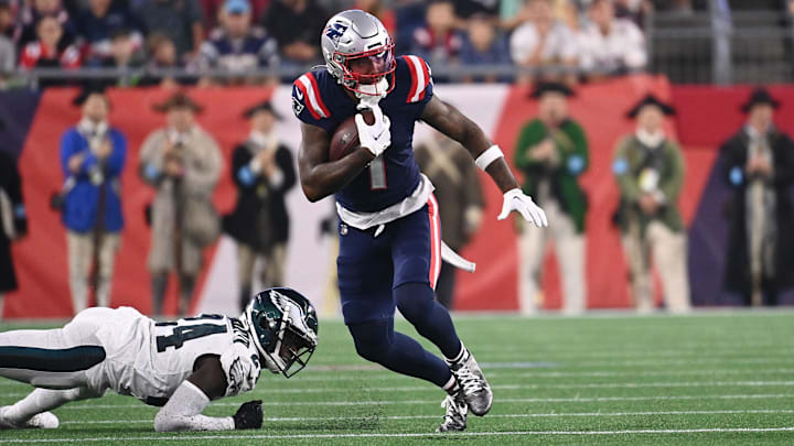 Aug 15, 2024; Foxborough, MA, USA; New England Patriots wide receiver Ja'Lynn Polk (1)  runs the ball against the Philadelphia Eagles during the first half at Gillette Stadium. Mandatory Credit: Eric Canha-USA TODAY Sports
