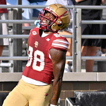 Boston College Eagles wide receiver Dawson Pough (88) reacts to his touchdown against the Fordham Rams during the second half at Alumni Stadium.
